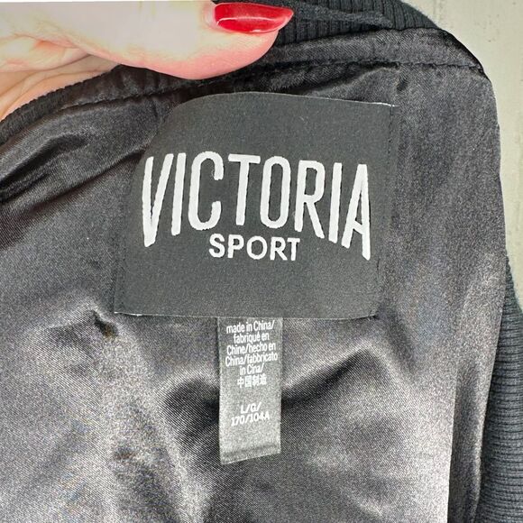 Victoria's Secret Sport Black Bomber Jacket Snap Button Lightweight Oversized L - Picture 8 of 11